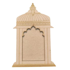 Decorative beige arch-shaped object with intricate detailing on a white background