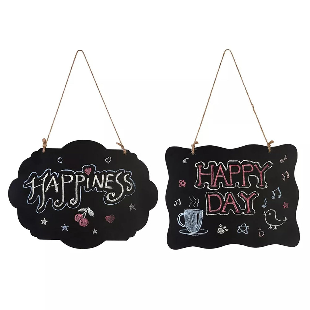 Two black hanging signs with decorative text and illustrations on a white background