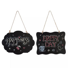 Two black hanging signs with decorative text and illustrations on a white background.