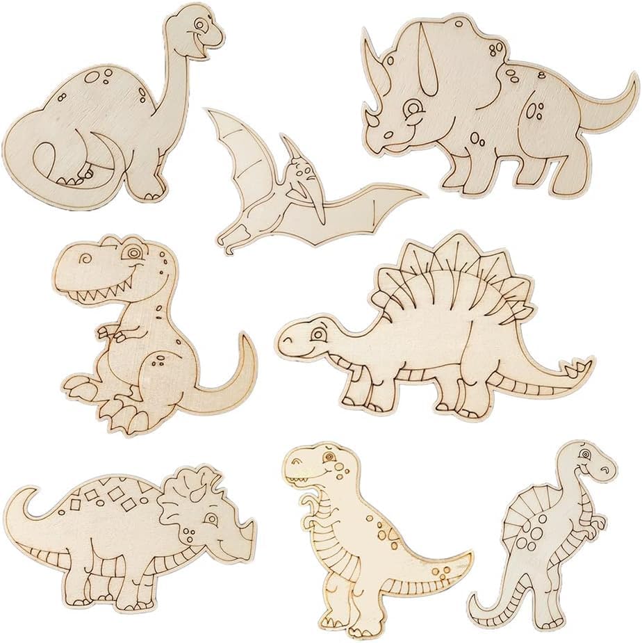 Set of wooden dinosaur toys on a white background