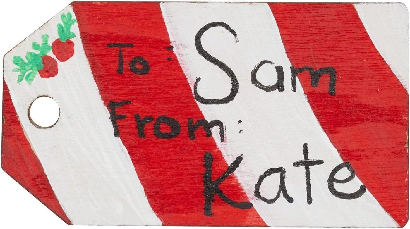 Red and white striped gift tag with 'To Sam From Kate' text