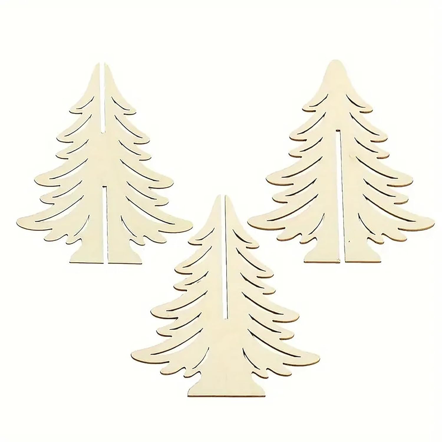 Three wooden Christmas tree cutouts on a white background