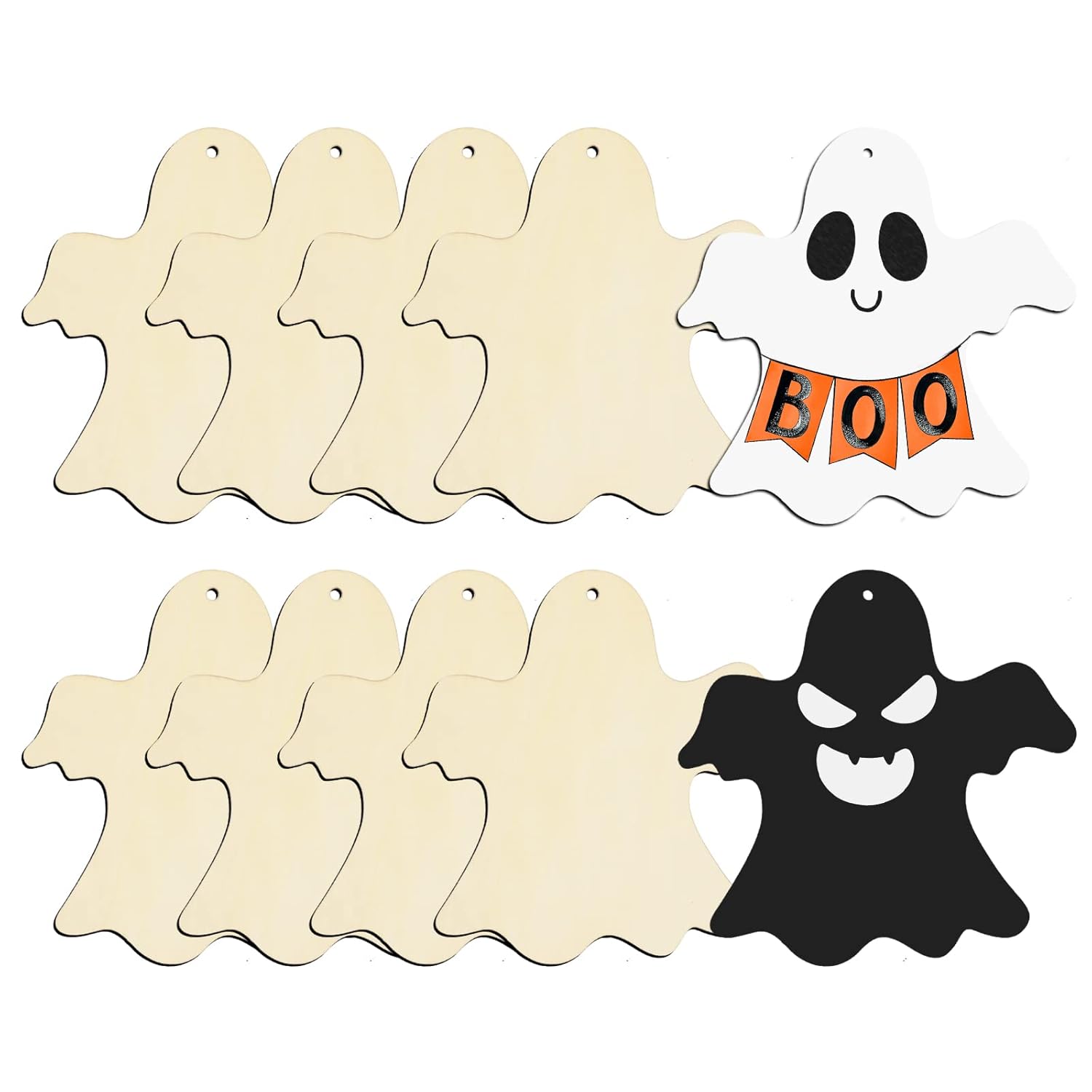 Set of Halloween-themed ghost cutouts with different designs on a white background
