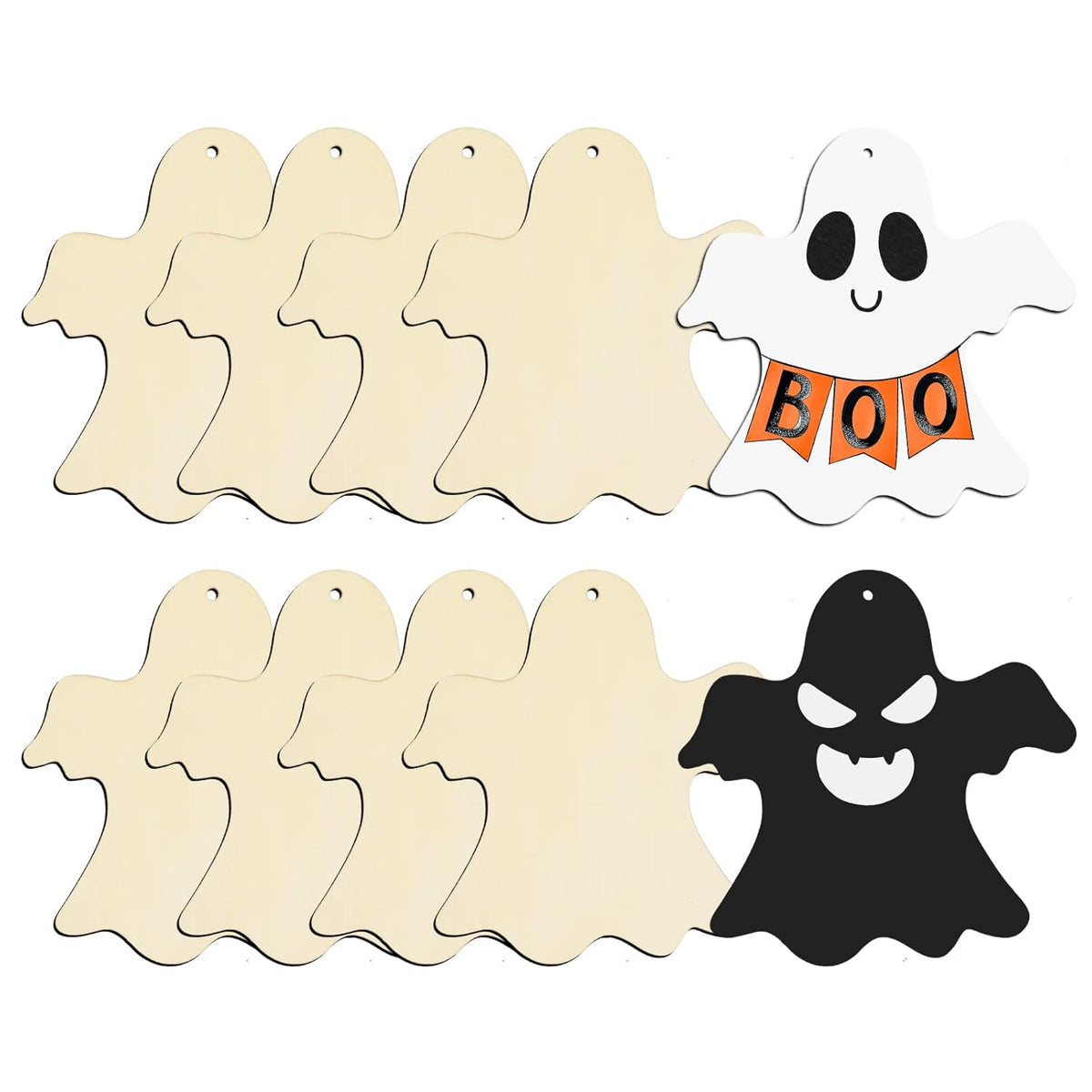 Set of Halloween-themed ghost cutouts with different designs on a white background
