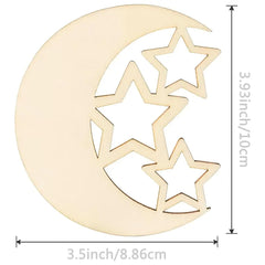 Wooden cutout of a moon and stars with dimensions on a white background