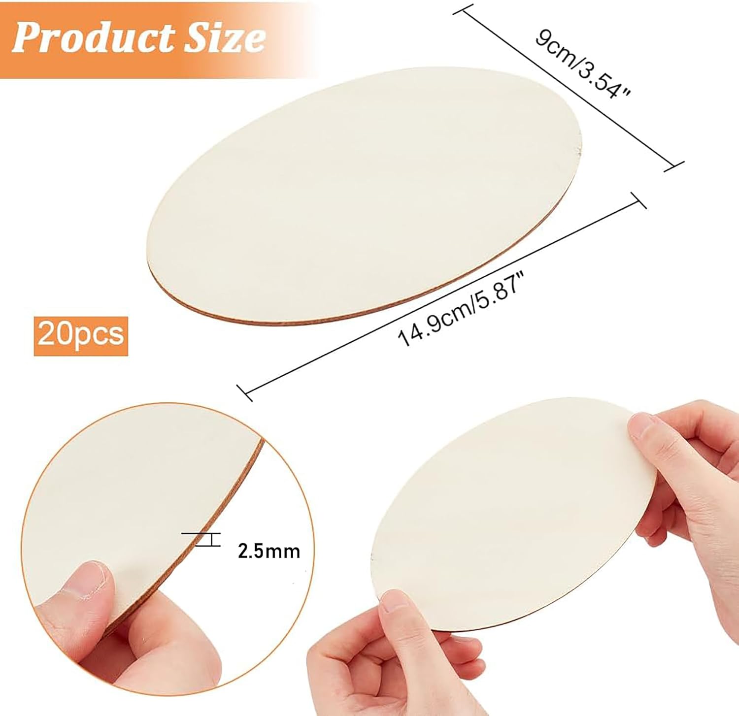 Product size chart with measurements of a circular item and hands holding it.