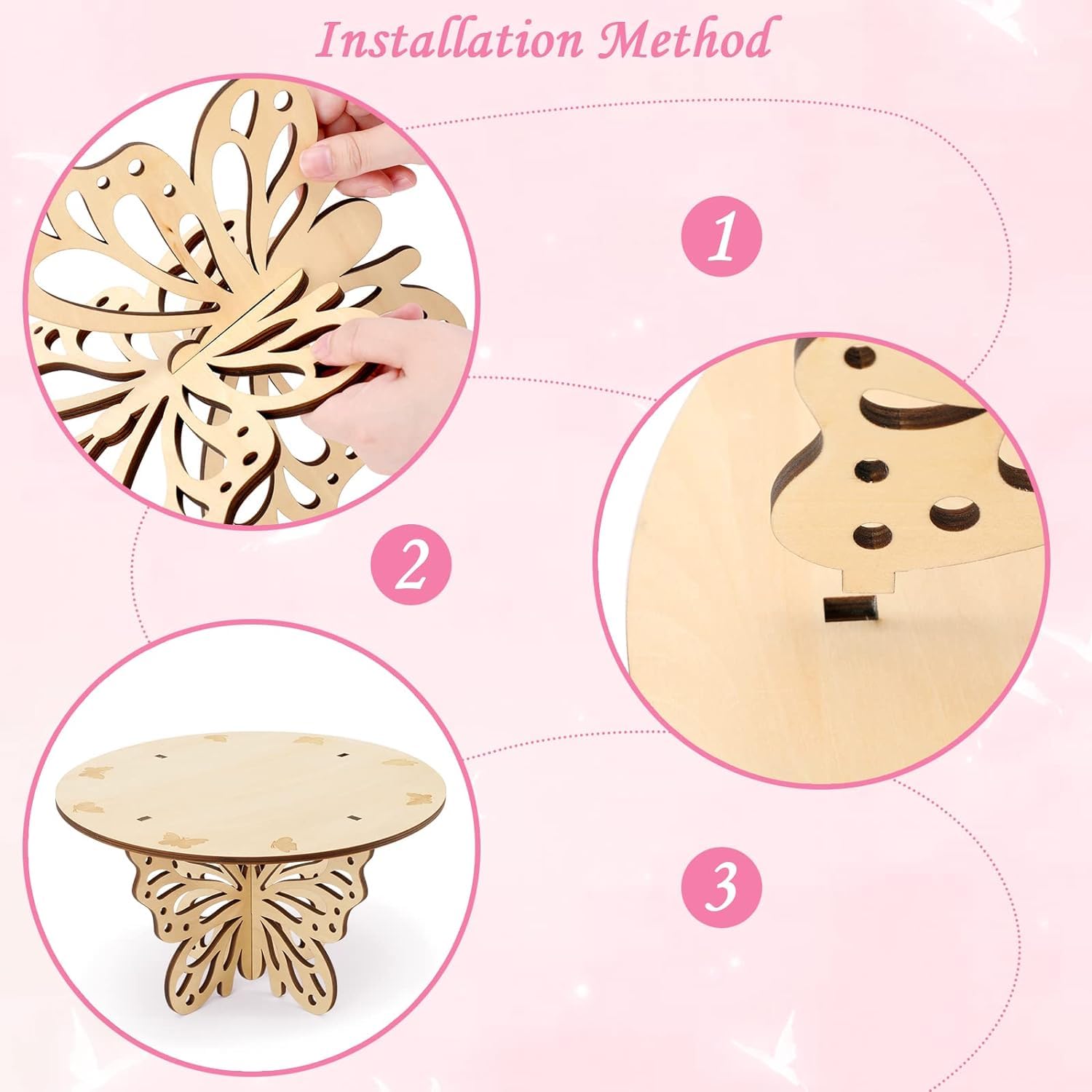 Step-by-step installation guide for a decorative wooden item on a pink background