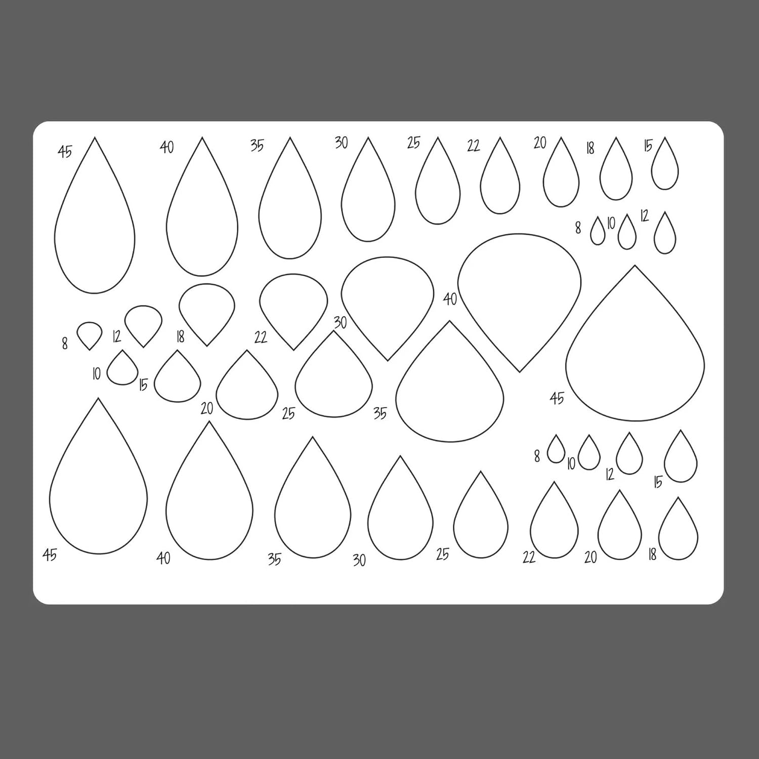 Sheet of templates for various sizes of teardrop shapes with measurements.