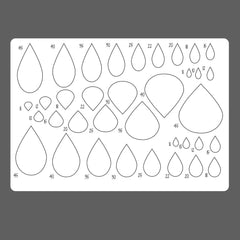 Sheet of templates for various sizes of teardrop shapes with measurements.