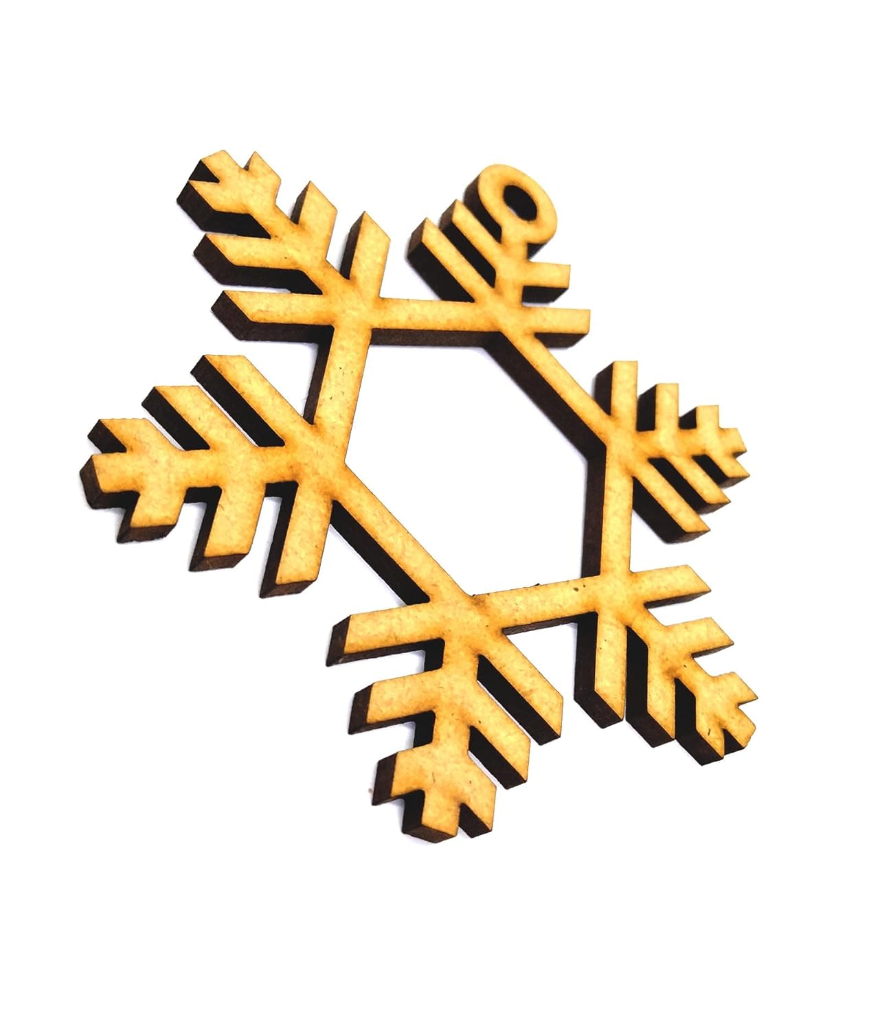 Wooden snowflake ornament on a white background