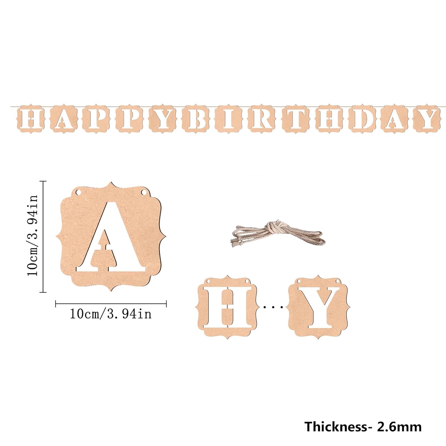 Wooden letter cutouts spelling 'A', 'H', 'Y' with dimensions and thickness information on a white background.