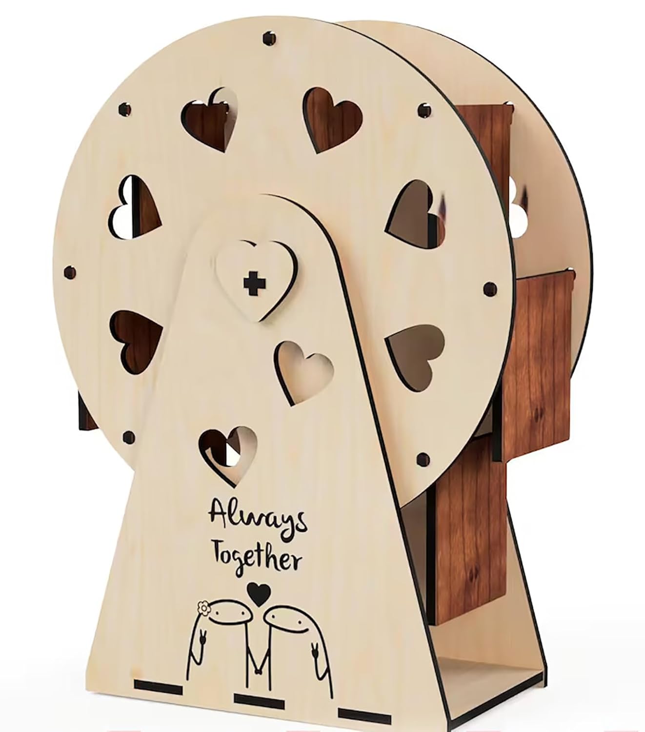 Wooden decorative item with heart shapes and 'Always Together' text on a white background