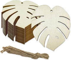 Wooden leaf-shaped tags with jute string on a white background