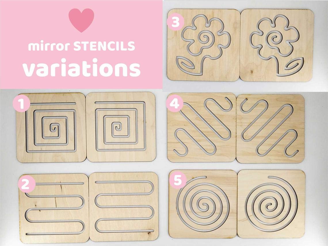 Wooden mirror stencils with different patterns on a white background