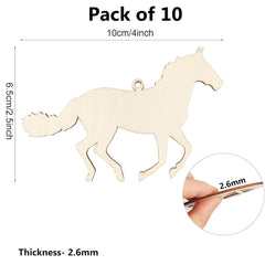 Wooden horse-shaped pendant with dimensions and thickness details on a white background