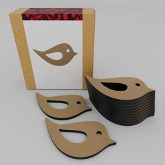 Cardboard bird-shaped cutouts with a box featuring similar designs on a white background