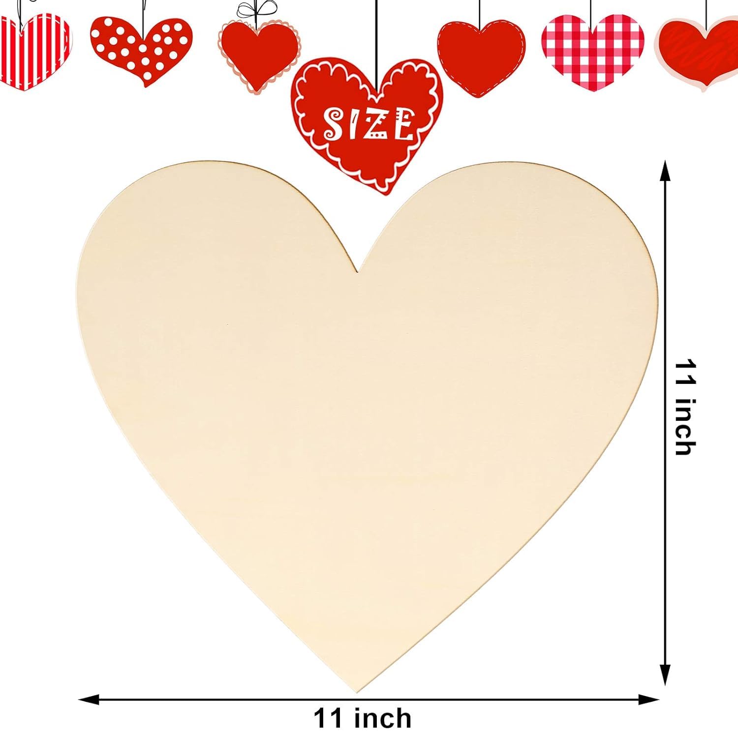 Heart-shaped object with dimensions labeled and decorative hearts at the top.