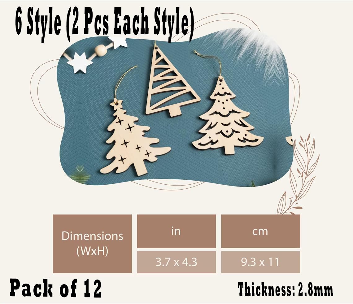 Wooden Christmas tree ornaments on a blue background with dimensions and pack size information.