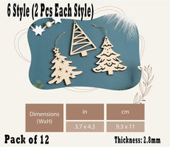 Wooden Christmas tree ornaments on a blue background with dimensions and pack size information.