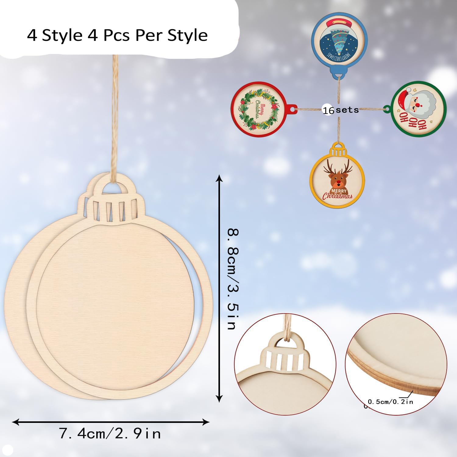 Unfinished wooden Christmas ornaments with measurements and design styles on a snowy background