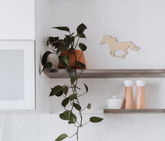 Shelving unit with a plant, decorative horse figure, and kitchen items.