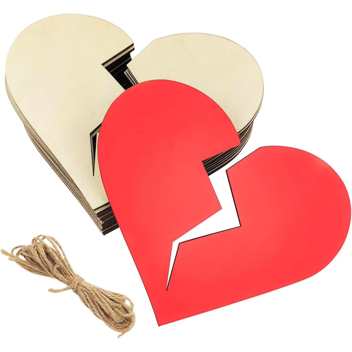 Two heart-shaped cards, one red and one gold, with a string on a white background.