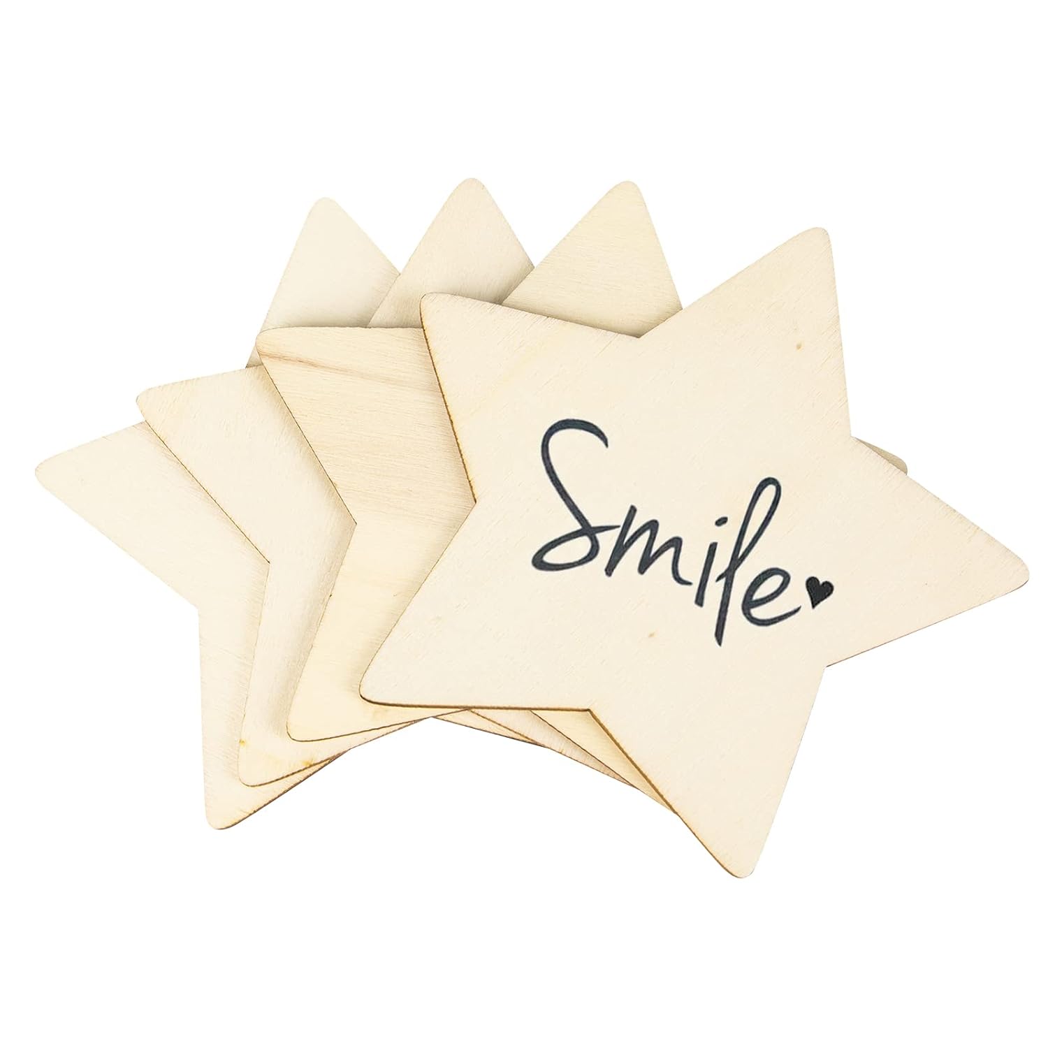 Star-shaped wooden coasters with 'Smile' text on a white background
