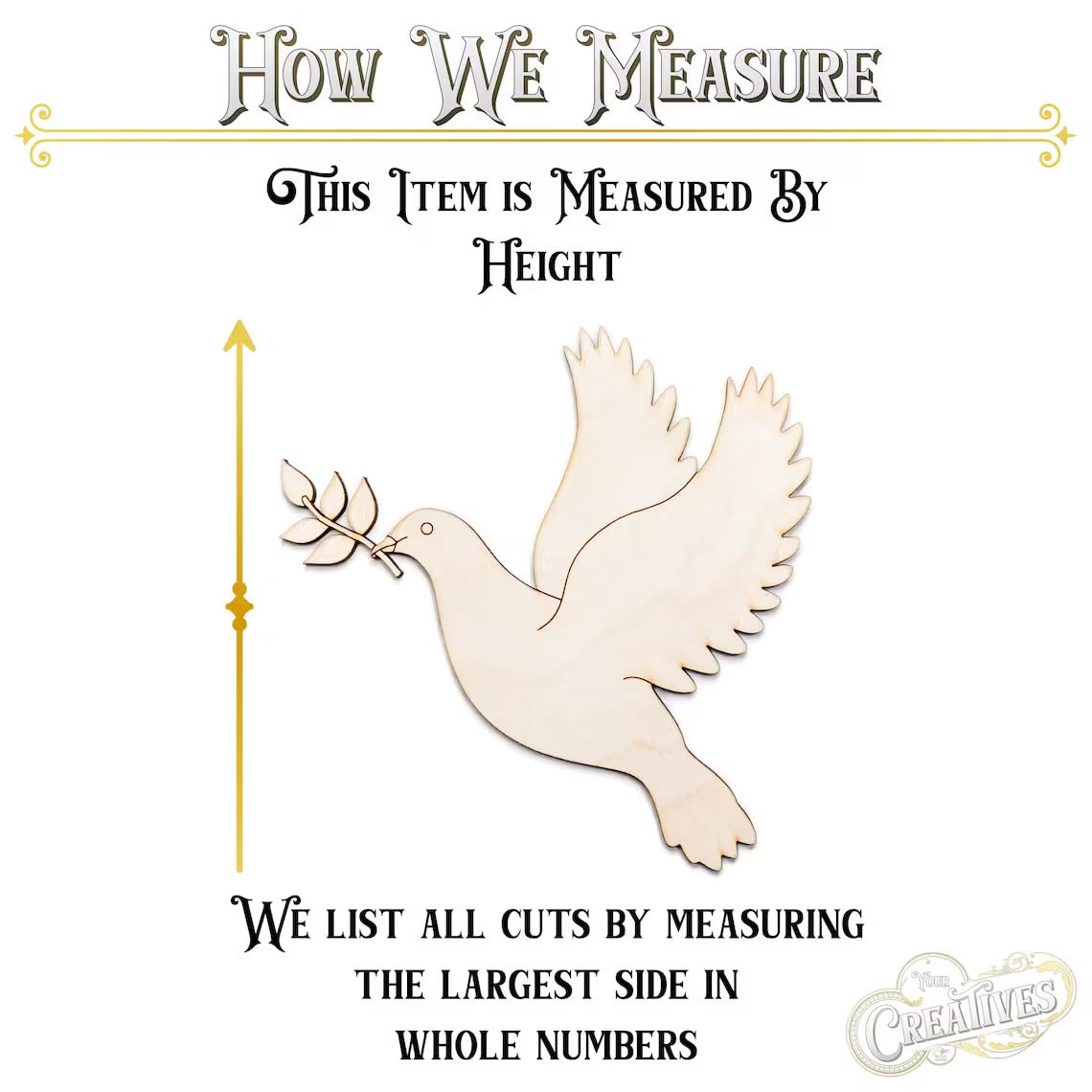 Wooden dove with an olive branch on a white background with measurement text.
