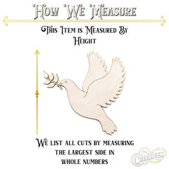 Wooden dove with an olive branch on a white background with measurement text.