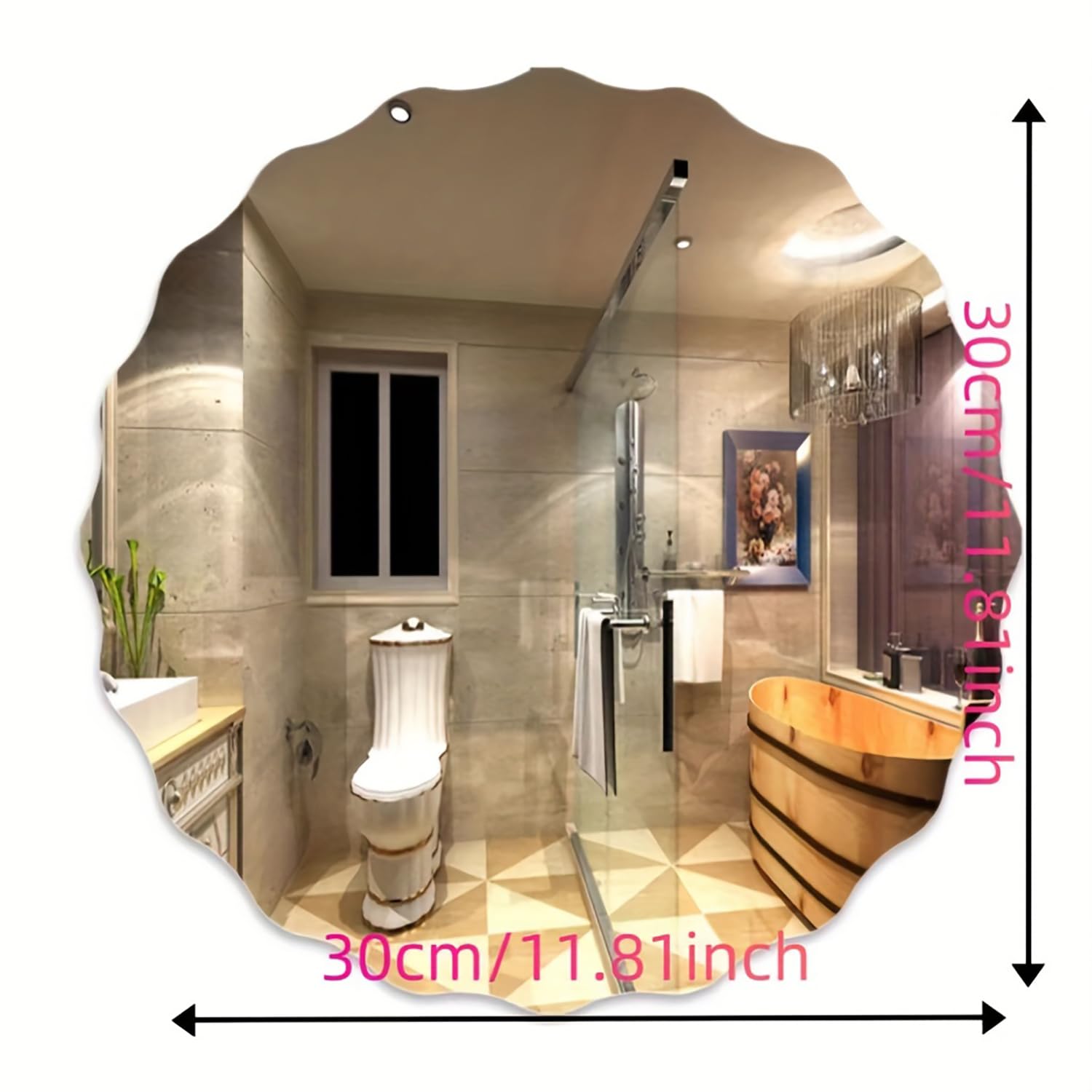 Bathroom interior with a round mirror showing dimensions