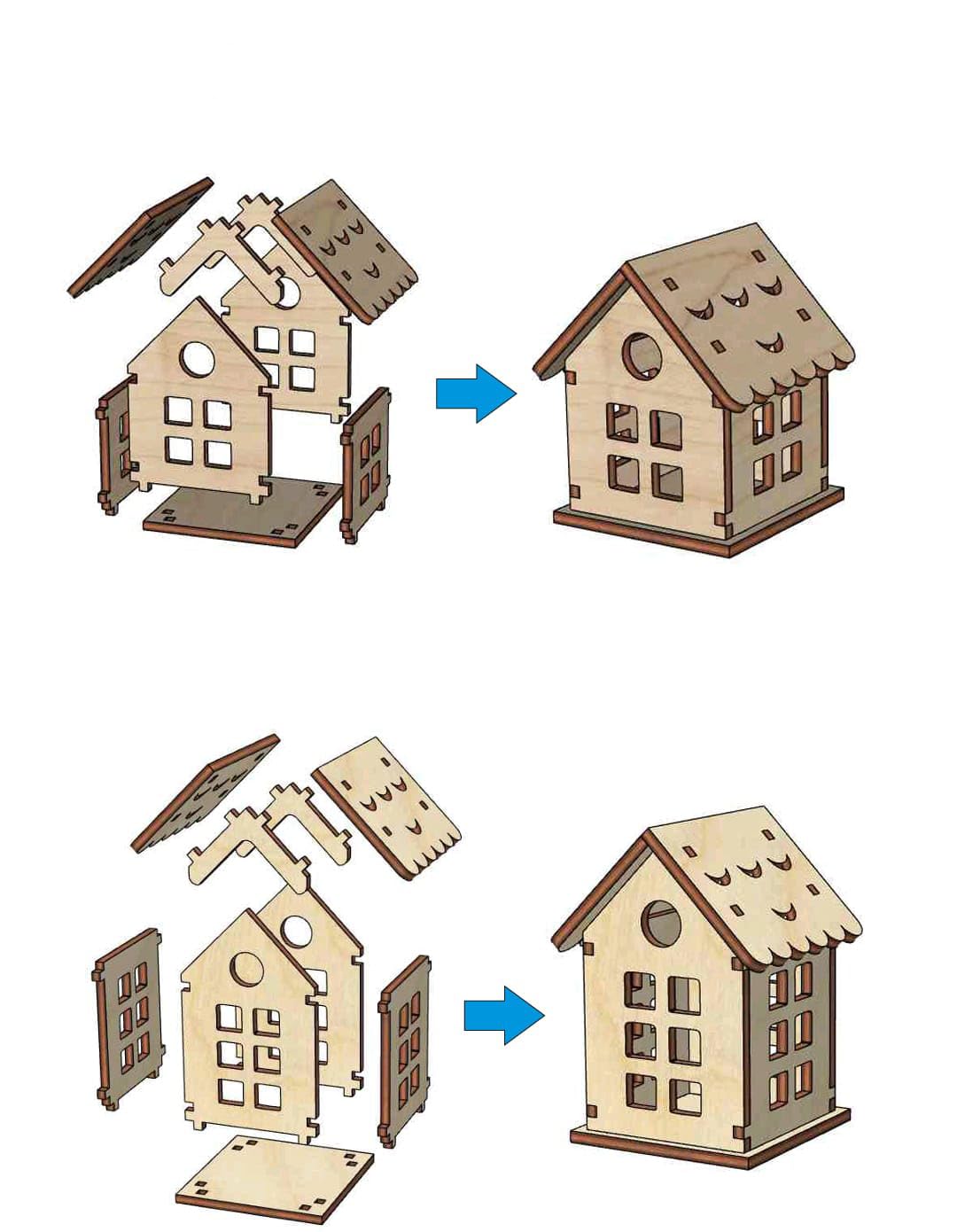 Wooden house model kit with pieces being assembled on a white background