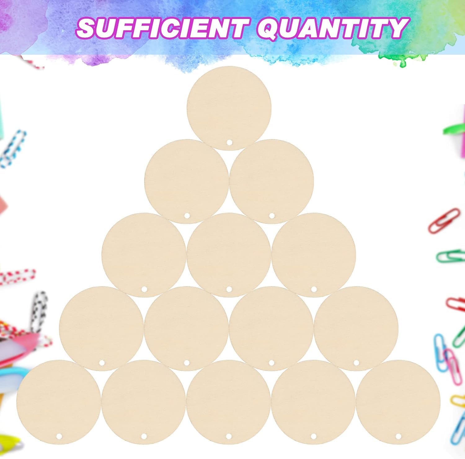 Beige round wooden tags arranged in a pyramid shape with colorful paper clips on a white background.
