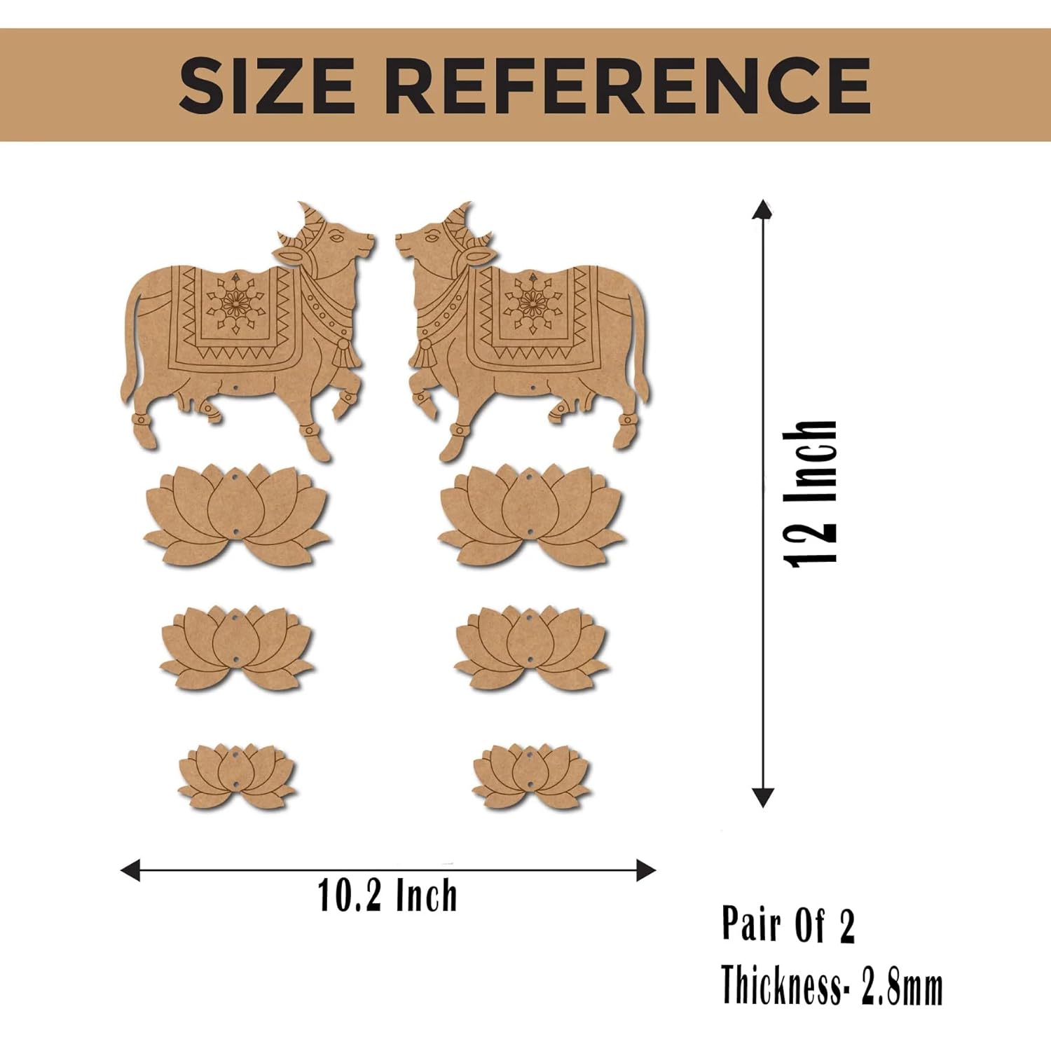 Size reference chart for decorative items with dimensions and measurements.