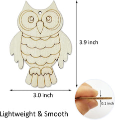 Wooden owl ornament with measurements and a hand holding it for scale.