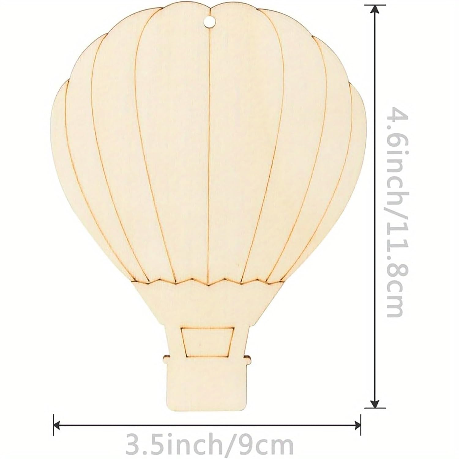 Hot air balloon-shaped light bulb with dimensions on a white background