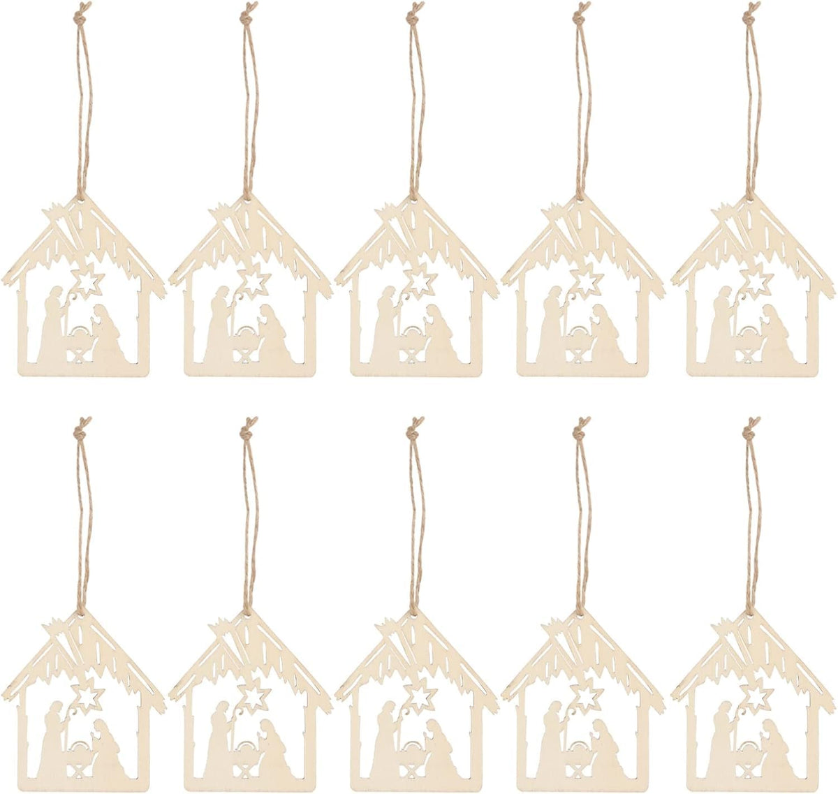 Set of 10 wooden nativity scene Christmas tree ornaments on a white background