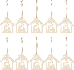 Set of 10 wooden nativity scene Christmas tree ornaments on a white background