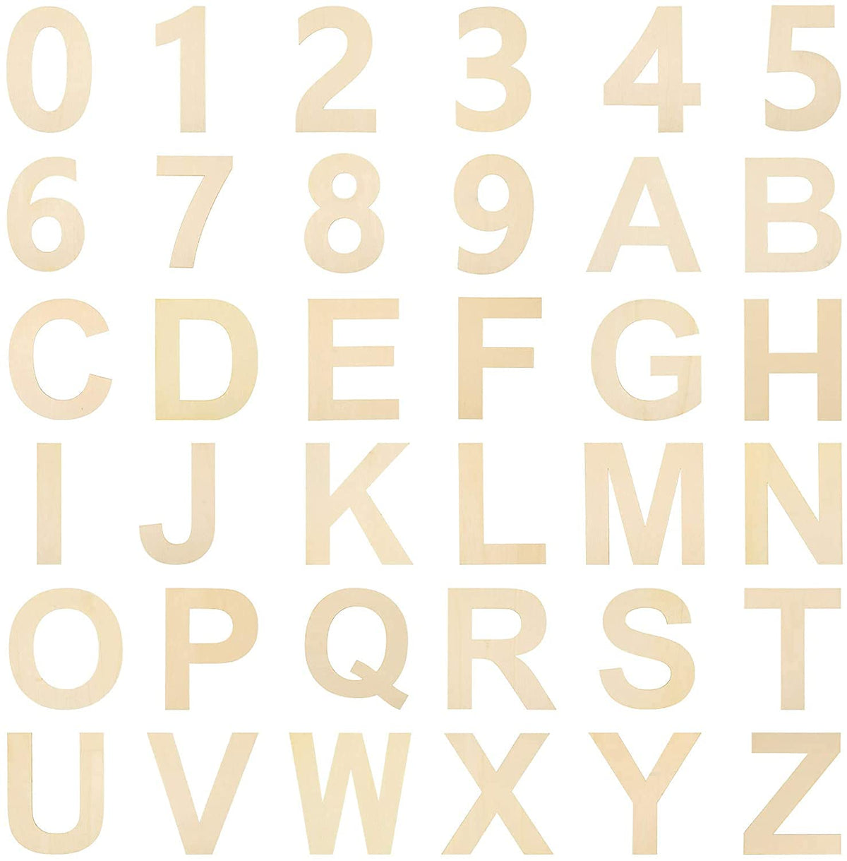 Set of wooden letters and numbers in a grid pattern
