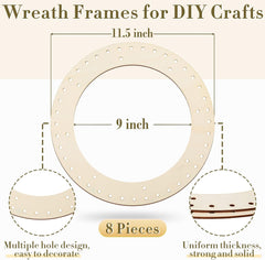 Wooden wreath frames with measurements and features on a beige background
