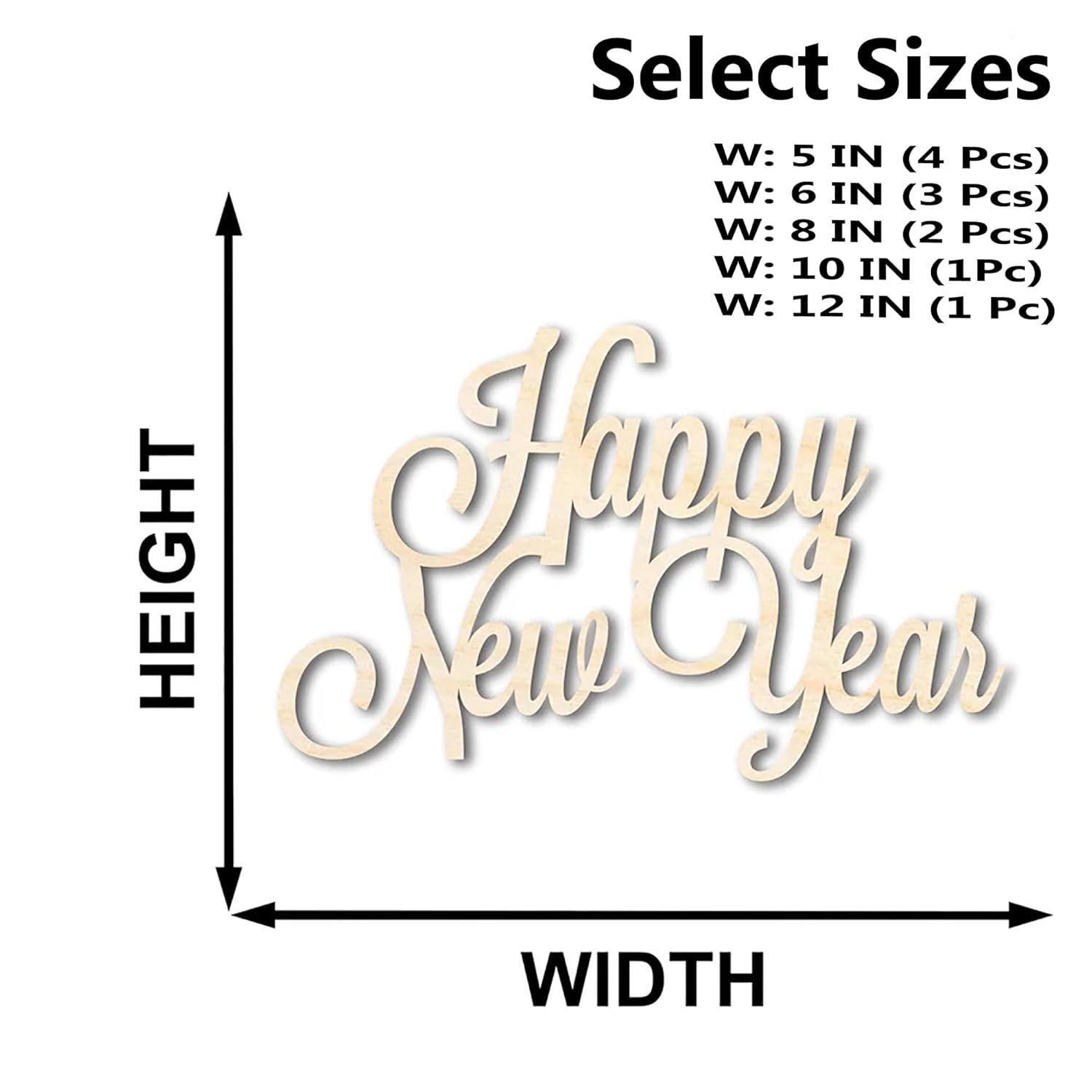 Measurement chart for 'Happy New Year' decorative item with dimensions and quantity per size.