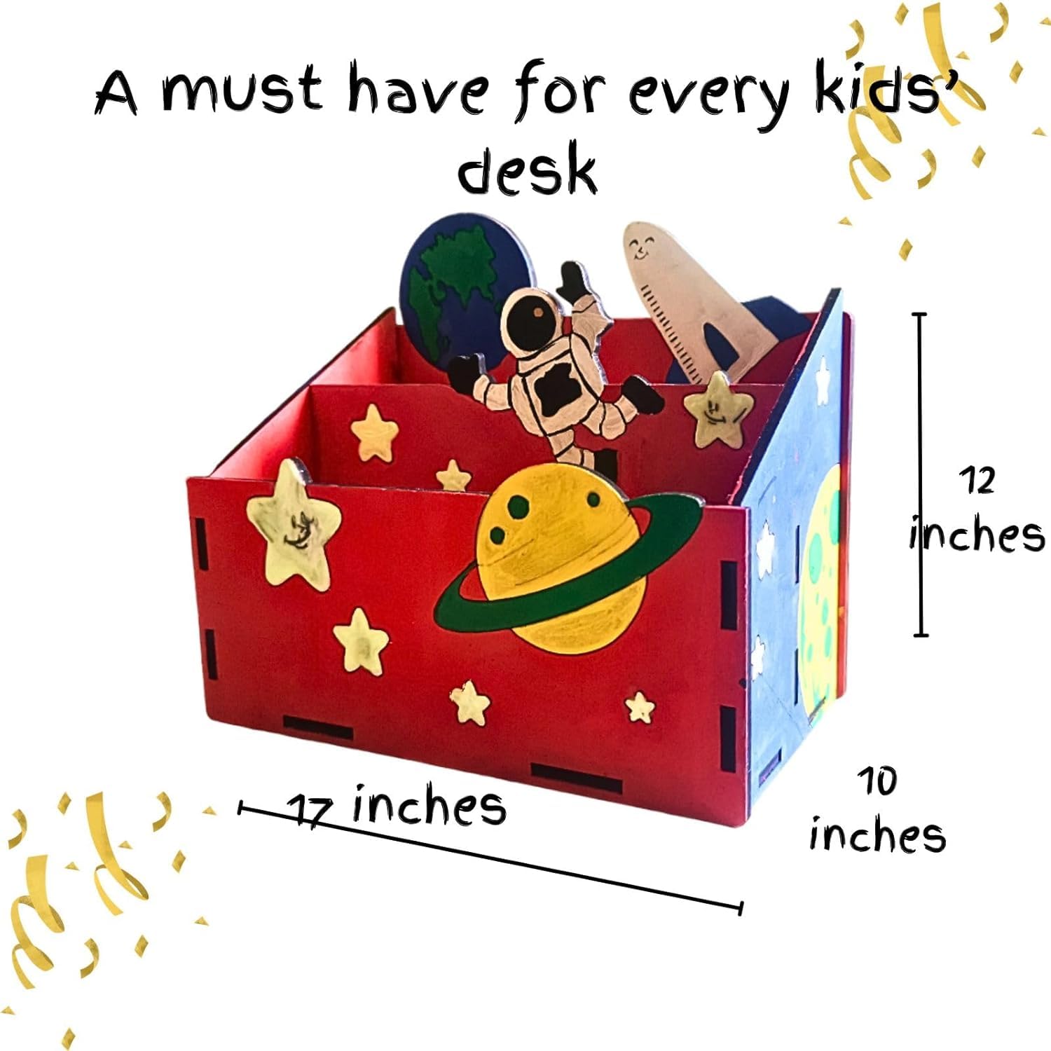 Red desk organizer with space-themed decorations and measurements on a white background