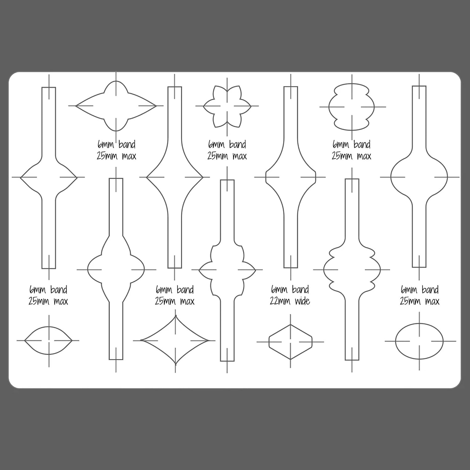 Design template with various geometric shapes and measurements on a gray background