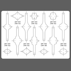 Design template with various geometric shapes and measurements on a gray background