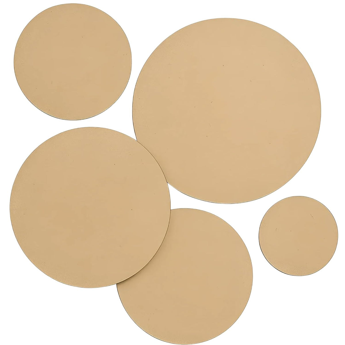 Five beige circular discs of varying sizes on a white background
