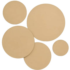 Five beige circular discs of varying sizes on a white background