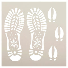 Winter-themed shoe print stencils with snowflakes on a beige background