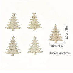 Set of five wooden Christmas tree decorations with measurements on a white background