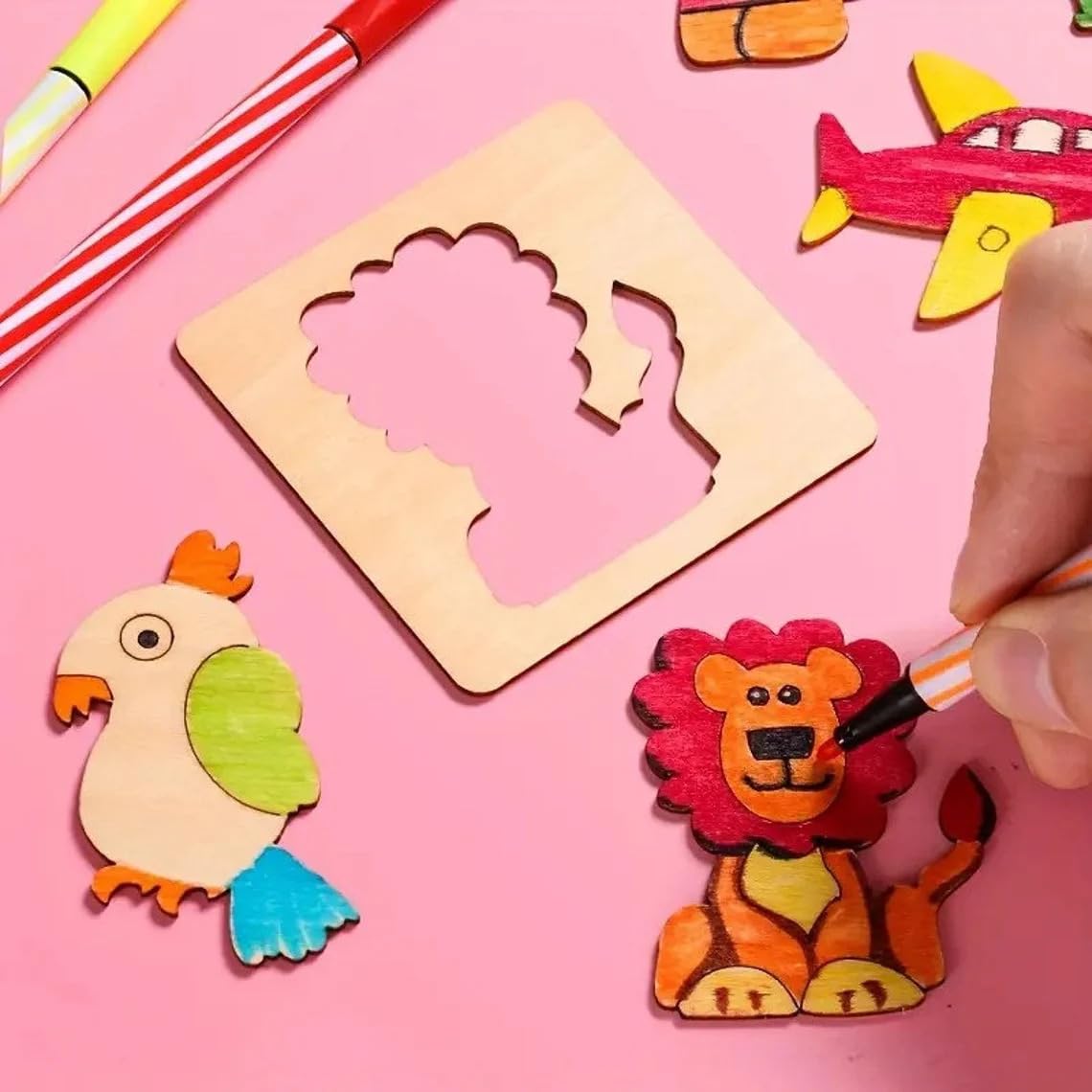 Colorful animal-shaped objects being painted with a wooden stencil on a pink background.