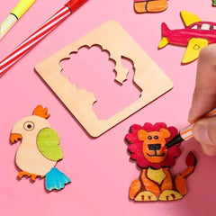 Colorful animal-shaped objects being painted with a wooden stencil on a pink background.