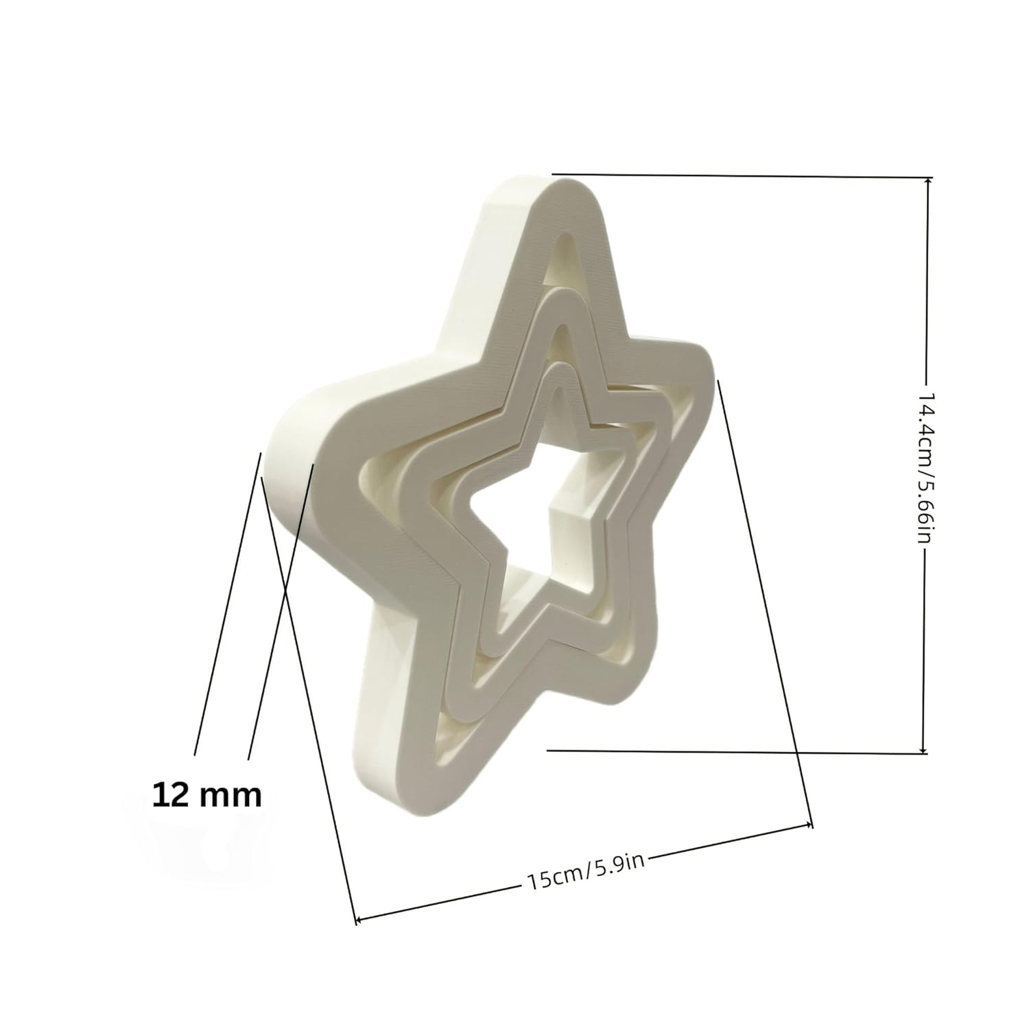 Star-shaped cookie cutter with dimensions on a white background